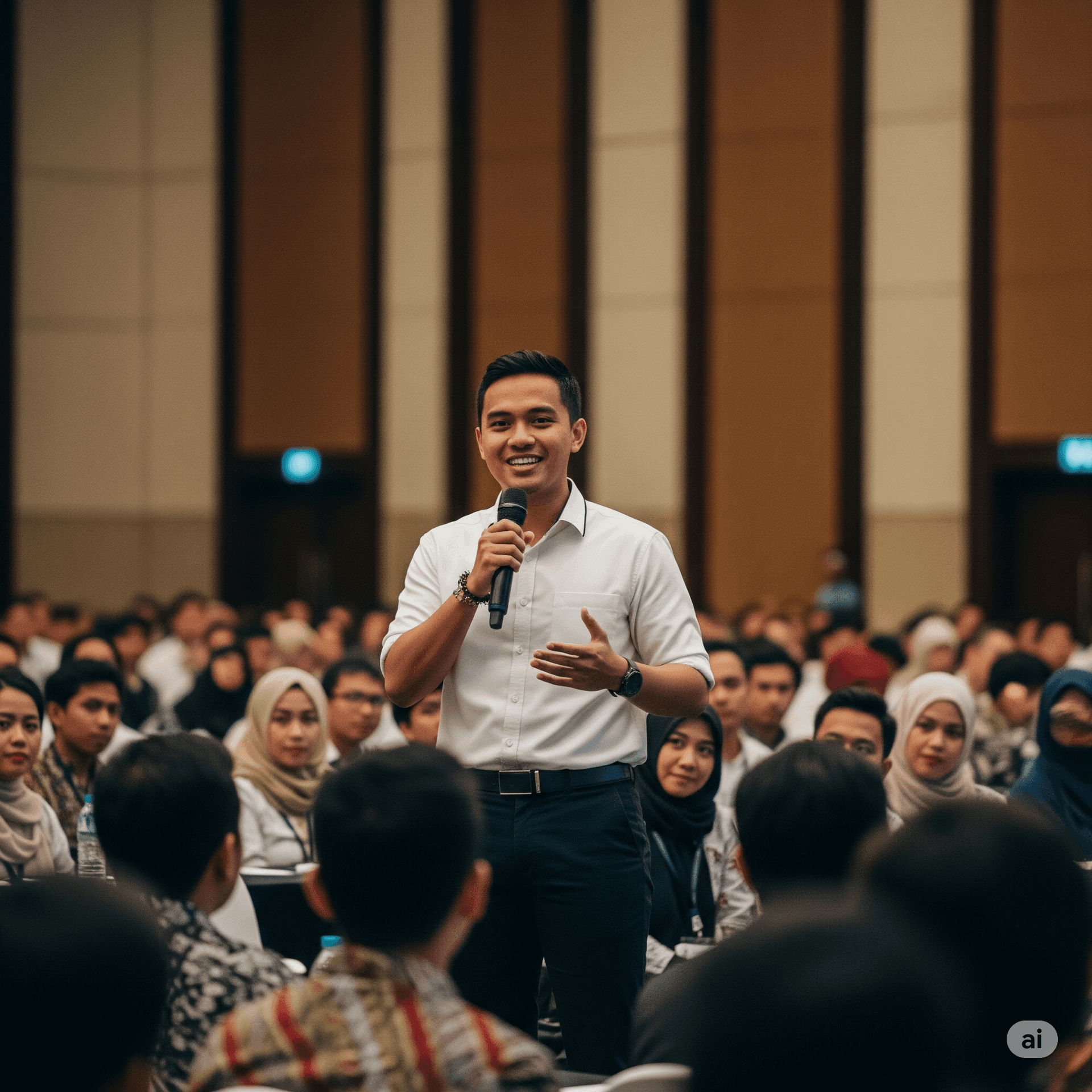 Person holding a microphone and speaking to an audience in a large conference room.